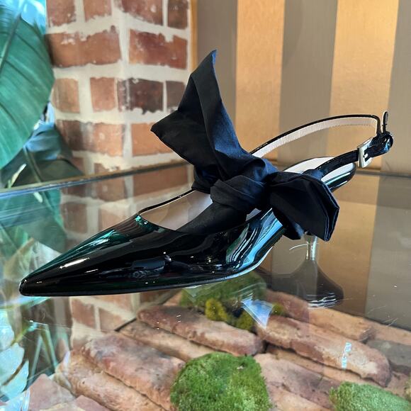 PRADA Black Patent Leather Pointed Toe Sling Backs w/bow SZ 36.5 (6.5 US) - Picture 2 of 11